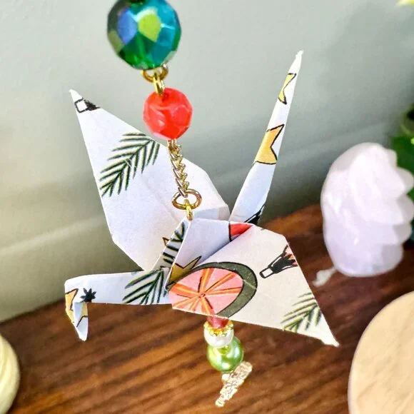 Origami Holiday Ornament #2324 - Small Crane with Christmas Tree Charm - Picture 4 of 7